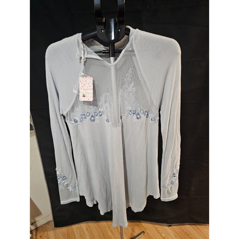 Free People Light Blue Floral Embroidered Mesh Mock Neck Top